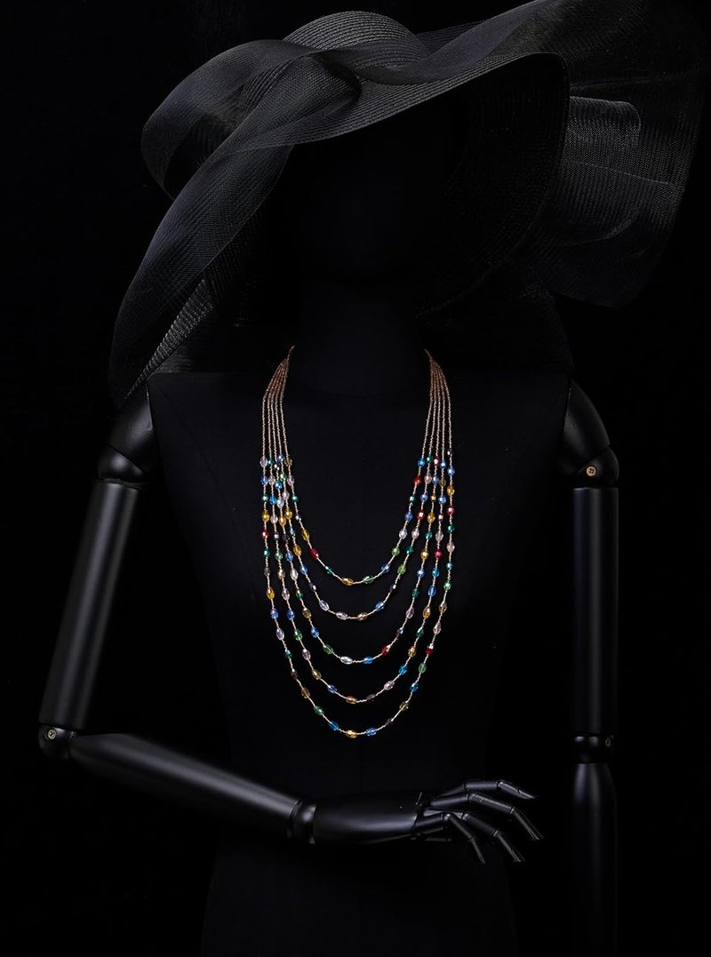 COOLSTEELANDBEYOND Oval Beads Statement Necklace Multi-Strand Long Chains with Crystal Charm Pendant - Image 1